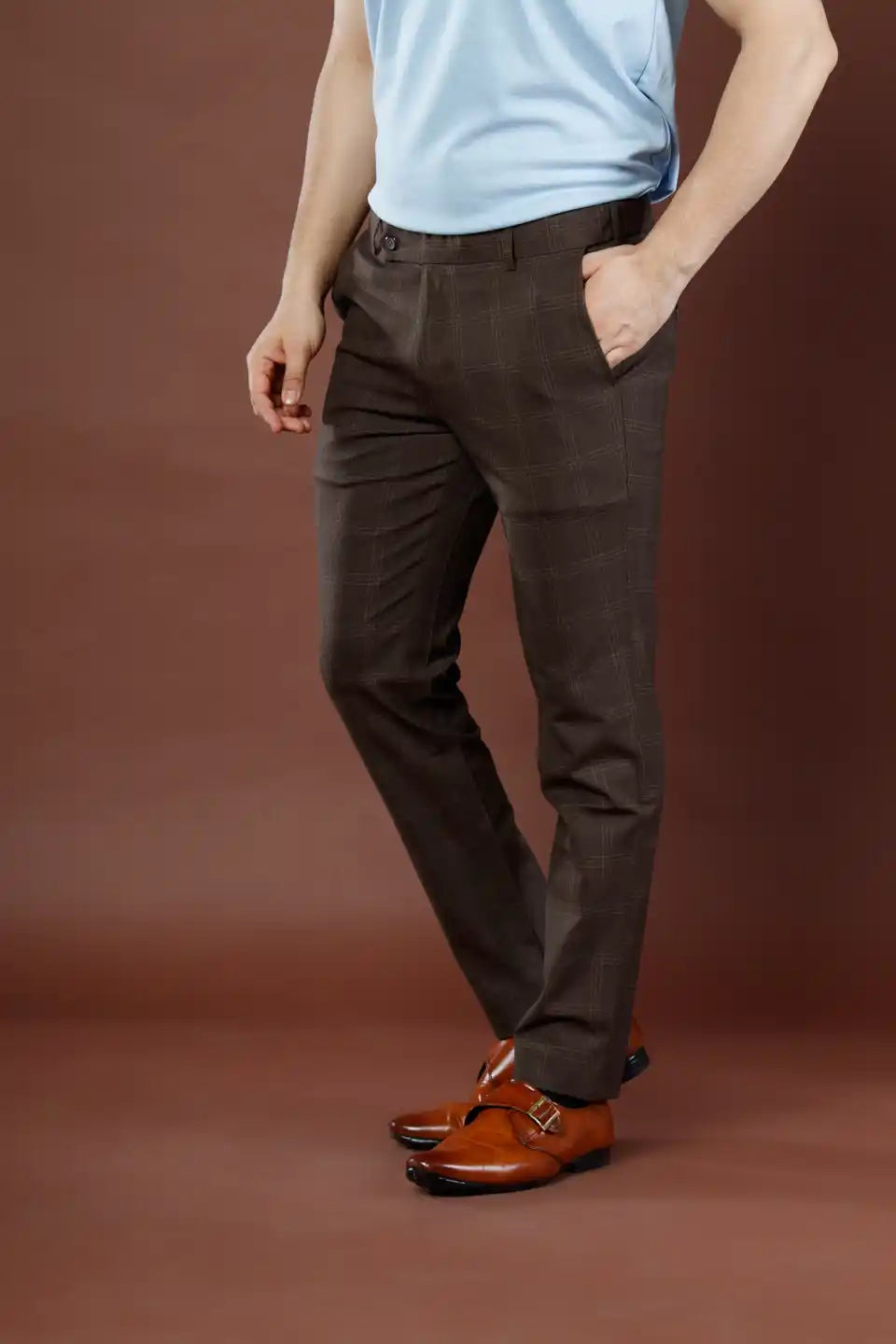 Men’s premium Mud Brown Urban Checks Flexiwaist Pants – Side view