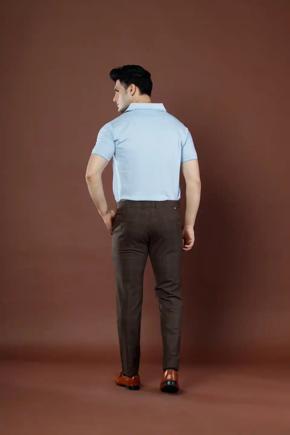 Men’s premium Mud Brown Urban Checks Flexiwaist Pants – Back view
