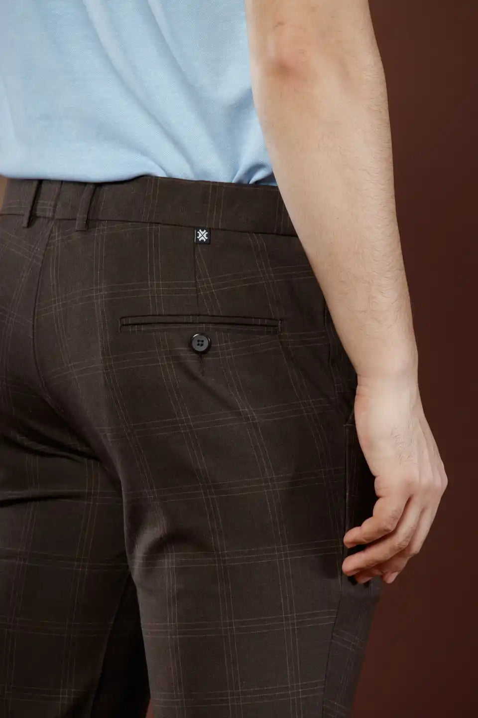 Men’s premium Mud Brown Urban Checks Flexiwaist Pants – Back view