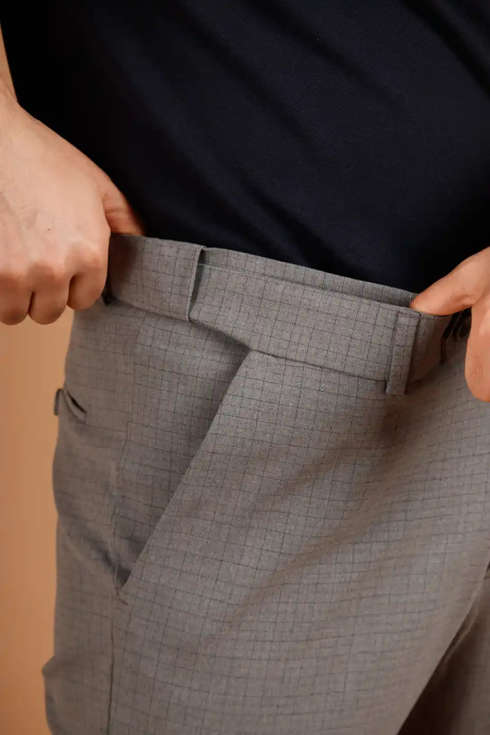 Men’s premium Dark Grey Square Checks Flexiwaist Pant - Side view