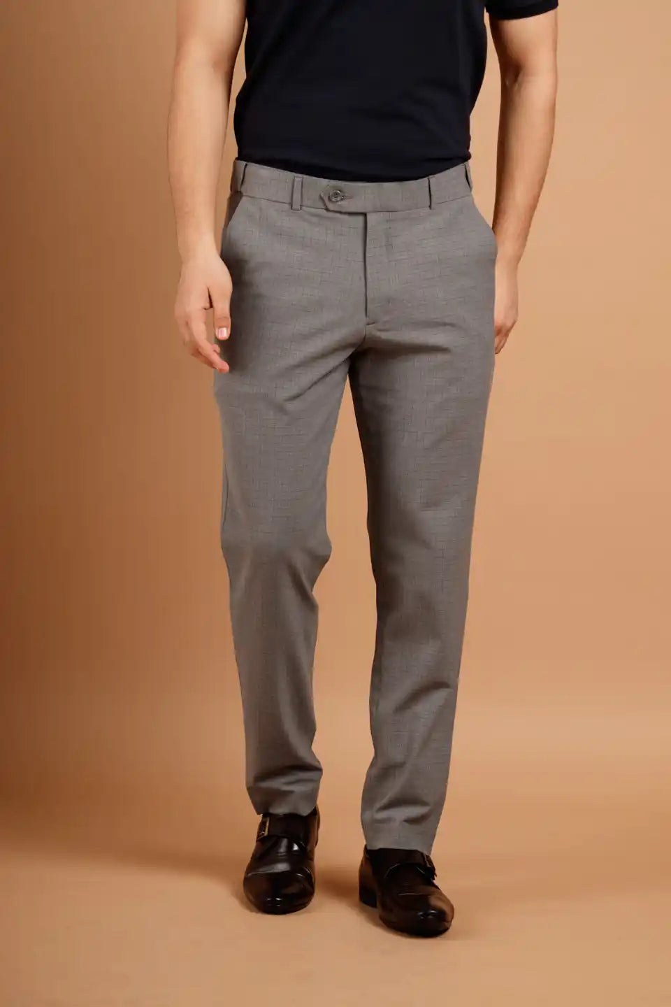 Men’s premium Dark Grey Square Checks Flexiwaist Pant - Front view