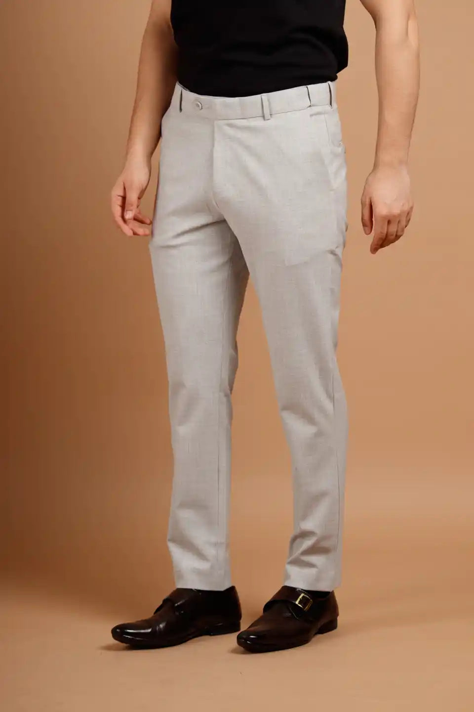 Men’s premium Light Grey Square Checks Flexiwaist Pant - Front view