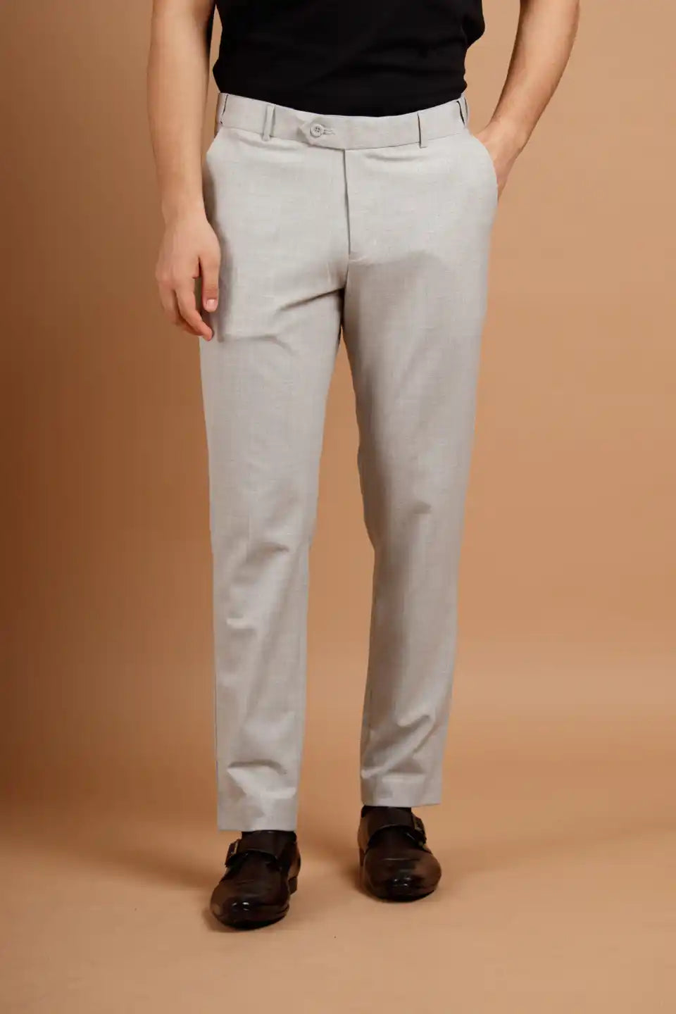 Men’s premium Light Grey Square Checks Flexiwaist Pant - Front view