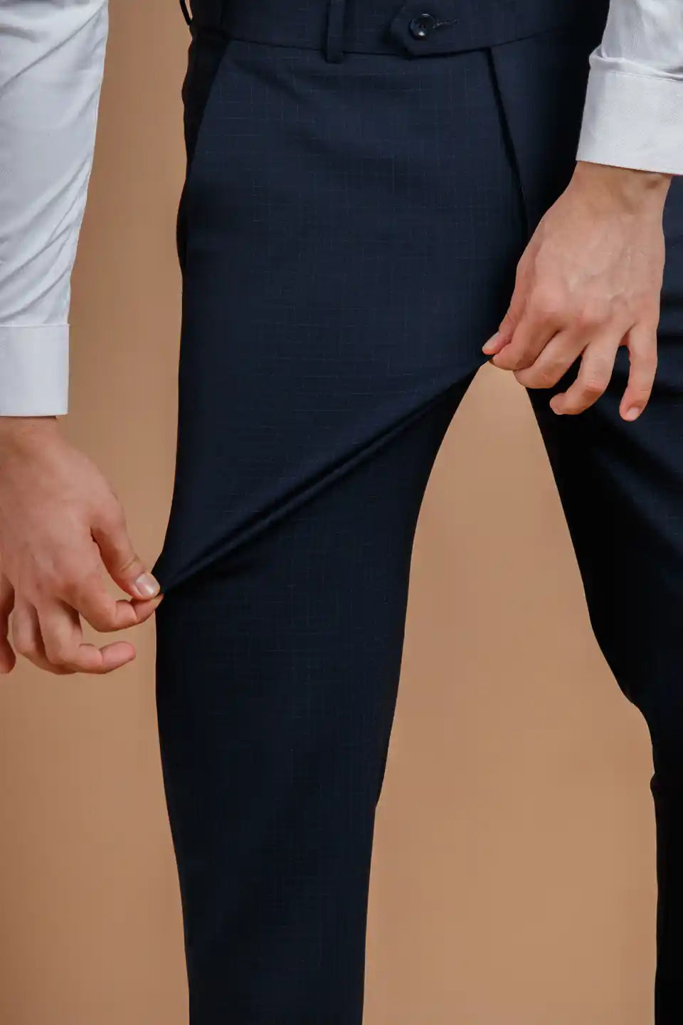 Men’s premium navy blue Square Checks Flexiwaist Pant - Close view