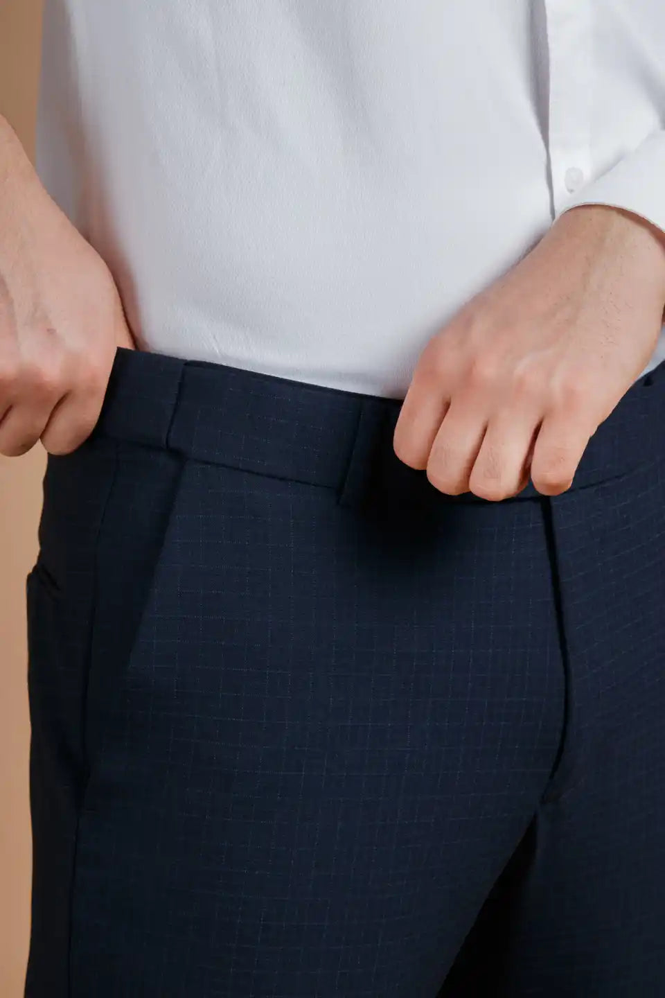 Men’s premium navy blue Square Checks Flexiwaist Pant - Front view