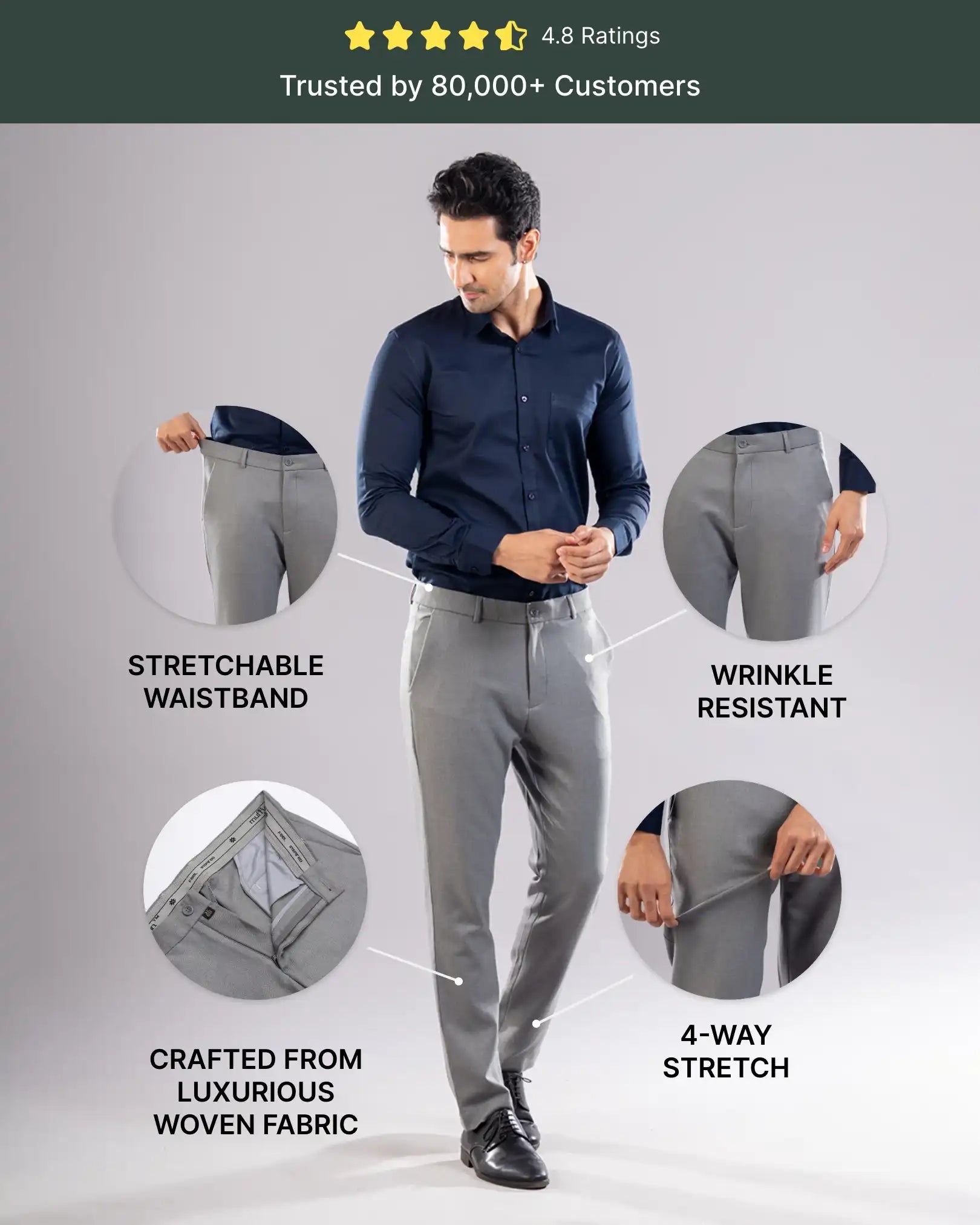 Men’s premium Mid Grey Truefit all day pants - front view