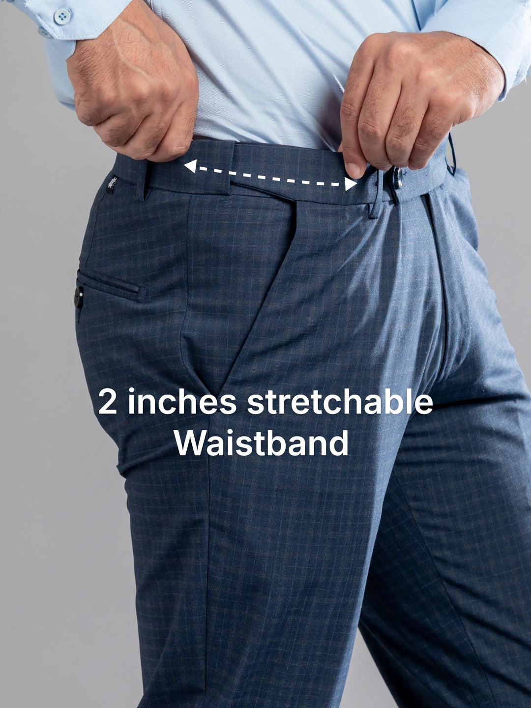 Steel Blue Box-in Checks Flexiwaist Pants - Ankle Fit