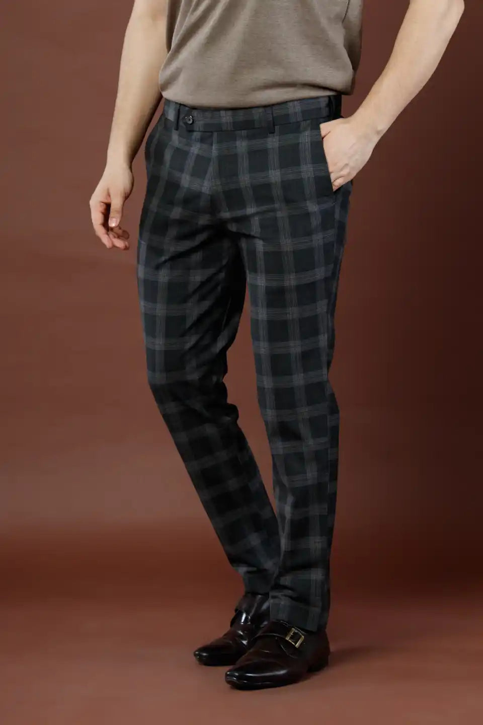 Men’s premium Storm Grey Soho Checks Flexiwaist Pants - Front view