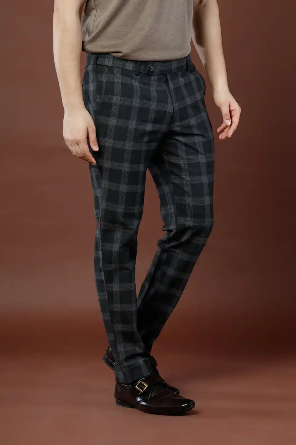 Men’s premium Storm Grey Soho Checks Flexiwaist Pants - Front view