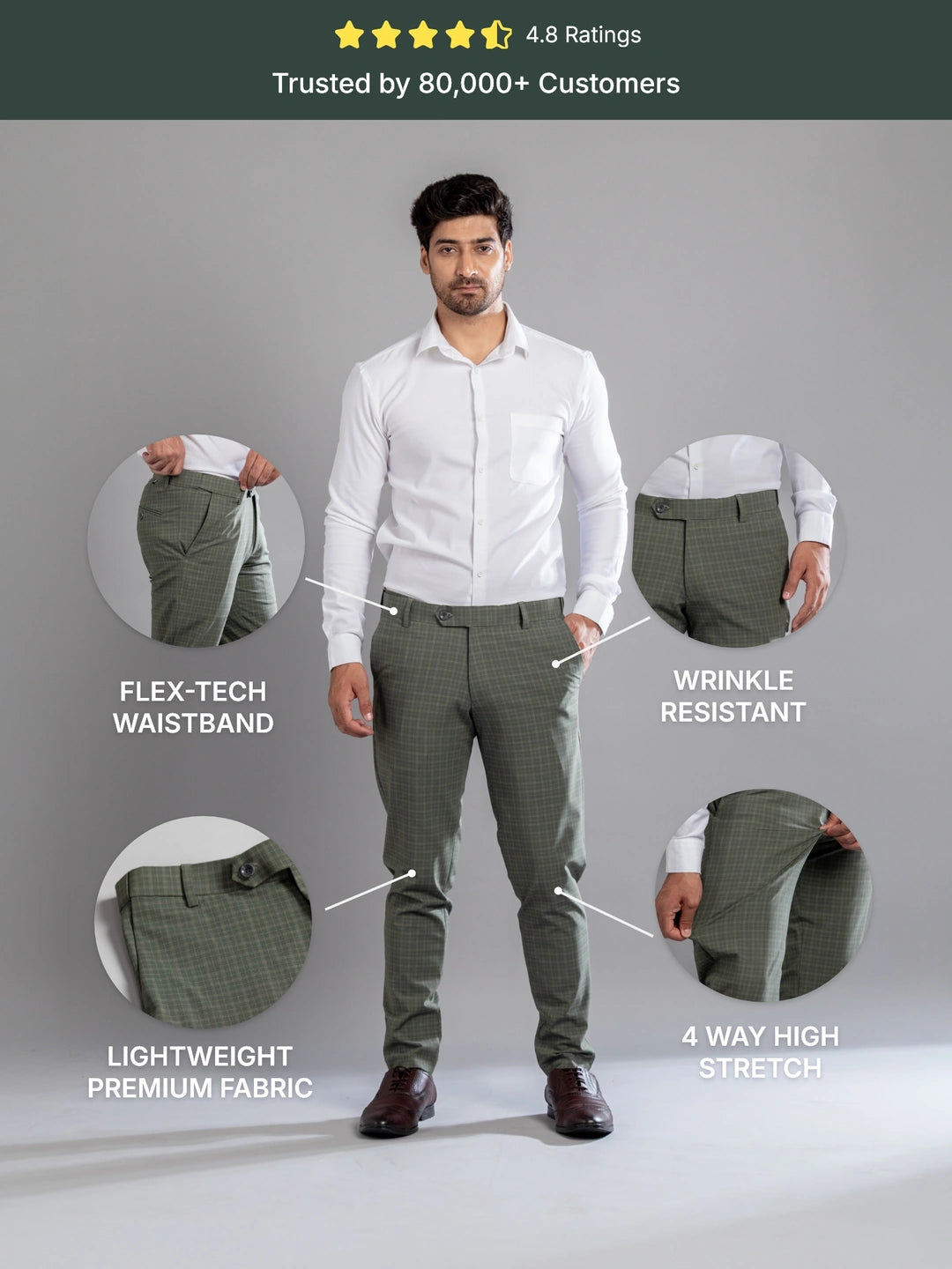 Vintage Green Box-in Checks Flexiwaist Pants - Ankle Fit