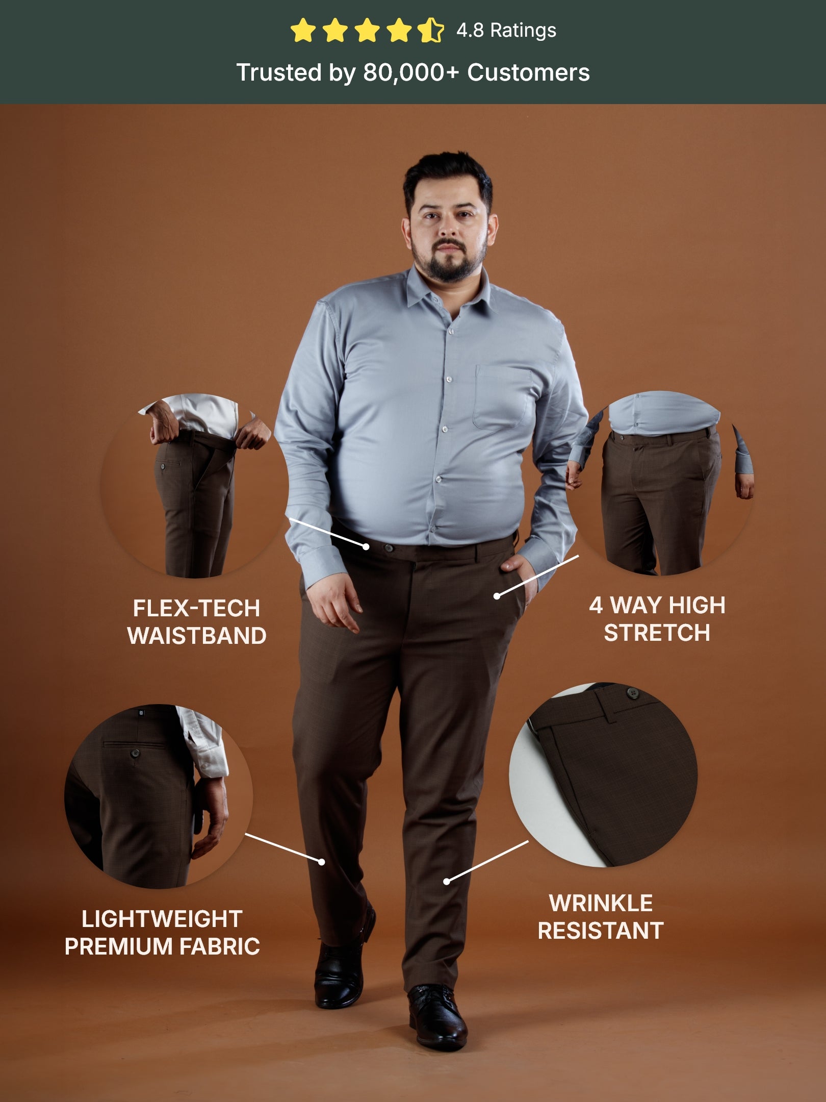 Wood Brown Flexiwaist Block Checks Straight Fit Plus Size Pants